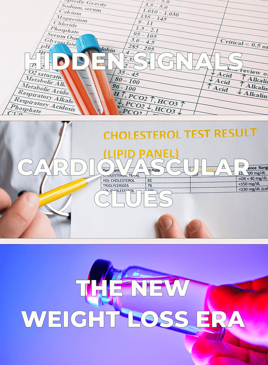 The three course modules - Hidden Signals, Cardiovascular Clues, and The New Weight Loss Era - shown over a bloodwork panel, a cholesterol lipid-panel result, and a laboratory sample vial.